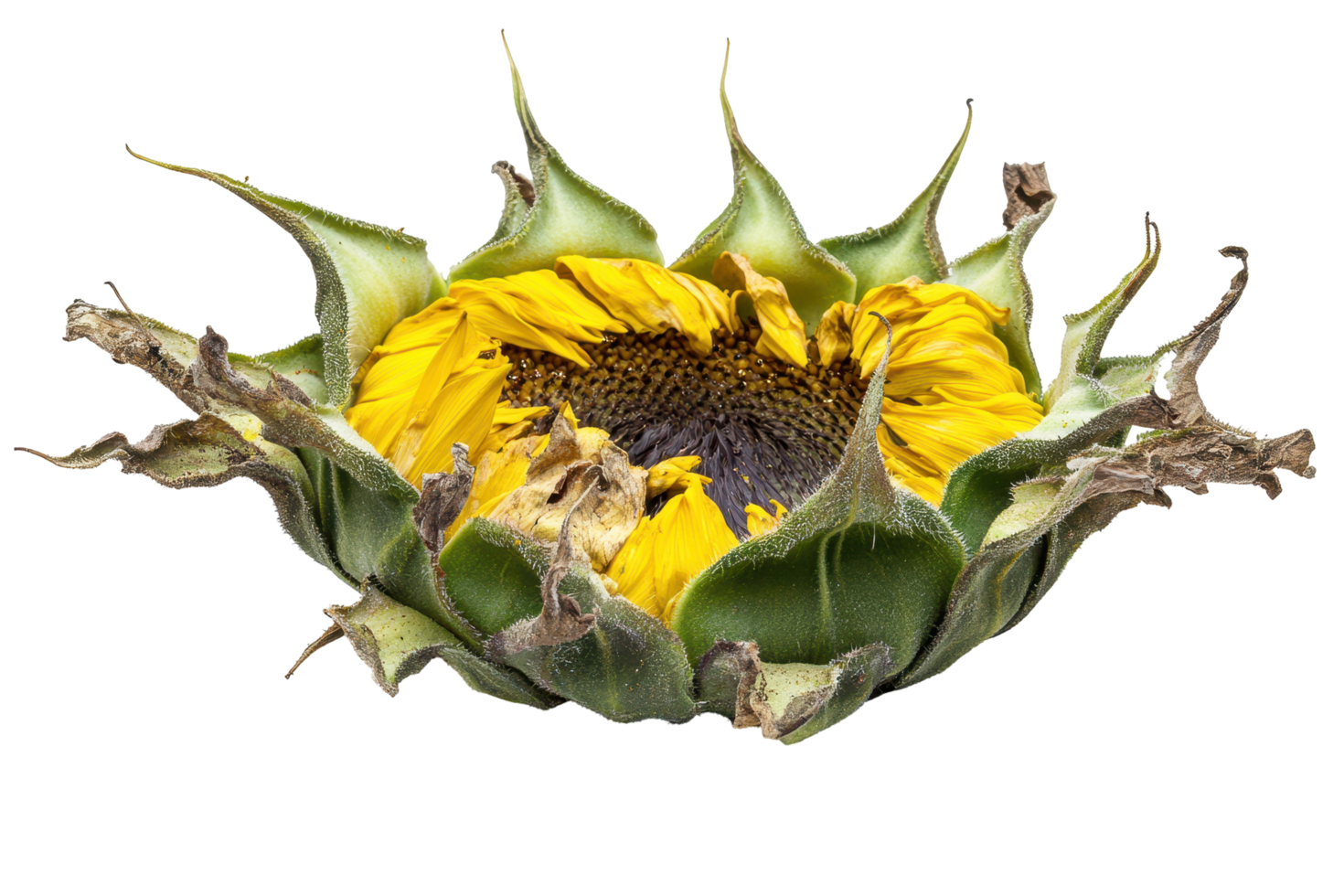 Withered sunflower head in close-up view. png