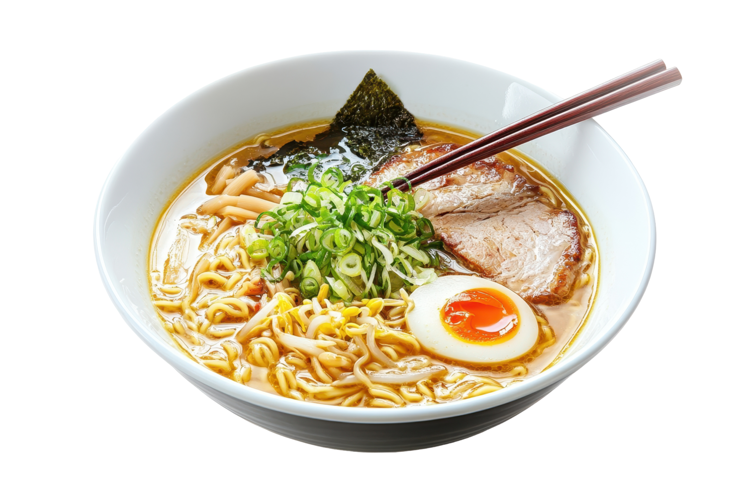 Delicious bowl of Asian noodles with pork and egg. png