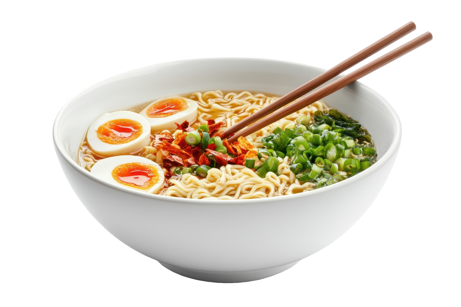 Delicious noodles in a white bowl with chopsticks. png