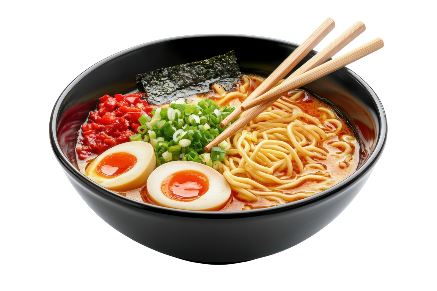 Delicious bowl of ramen noodles with soft-boiled eggs. png
