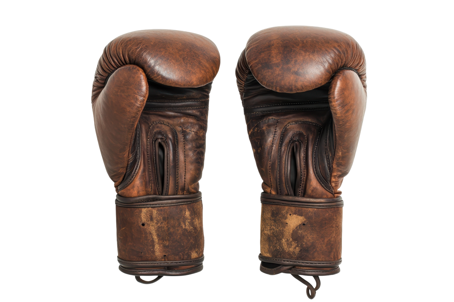 Aged leather boxing gloves, a vintage pair, displayed in lighting. png