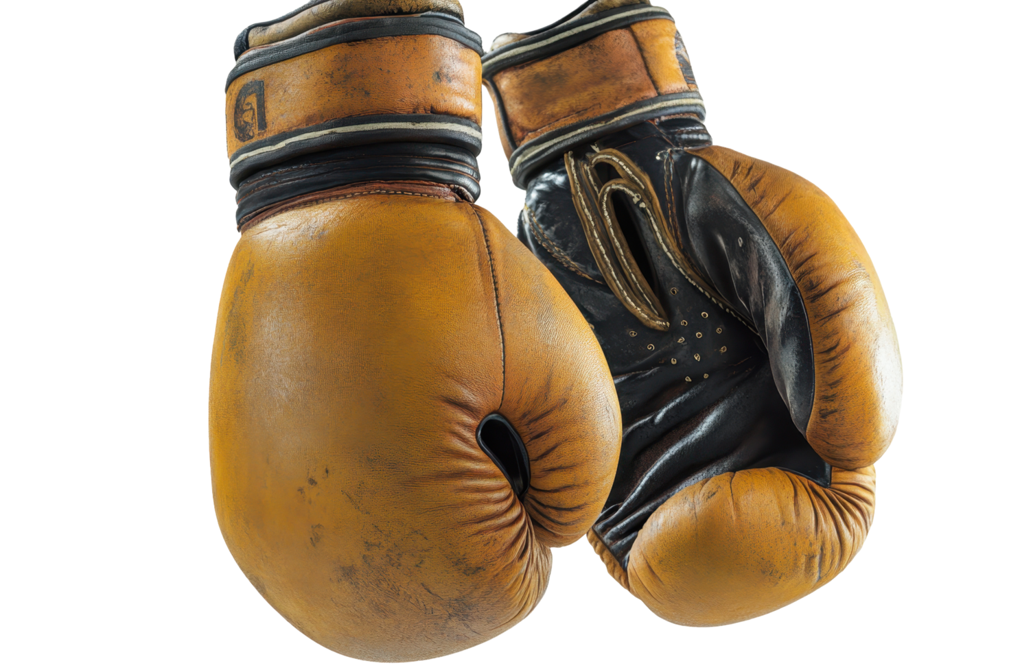 Worn boxing gloves, showing signs of use, displayed close-up. png