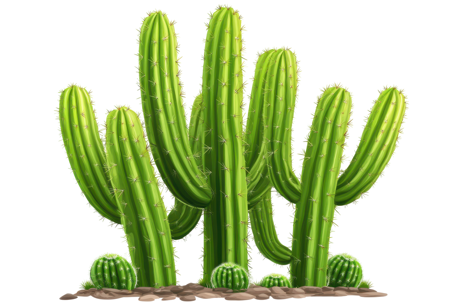 Group of vibrant green saguaro cacti with desert soil. png