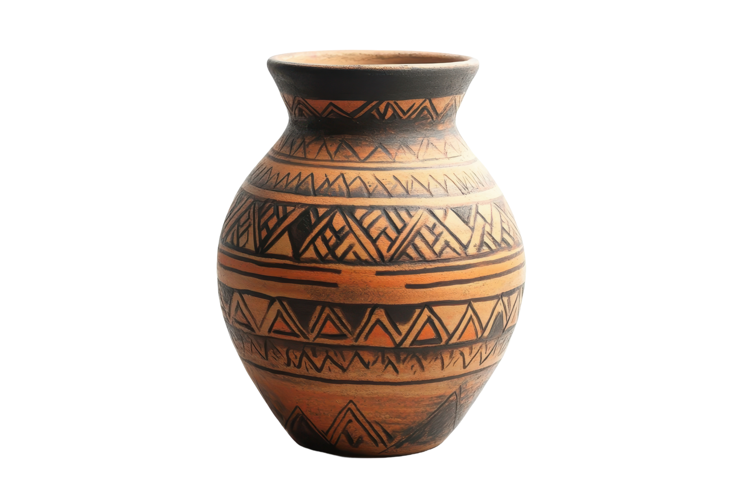 Hand-painted terracotta vase with geometric patterns. png