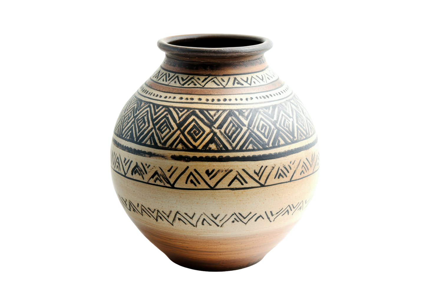 Ornate earthenware vase with geometric patterns. png