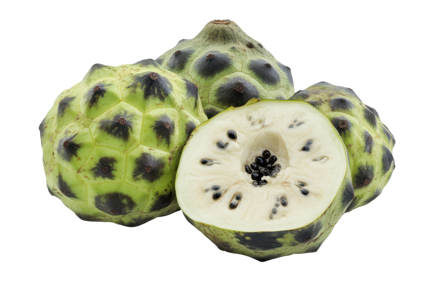 Close-up view of three exotic fruits, one sliced open. png