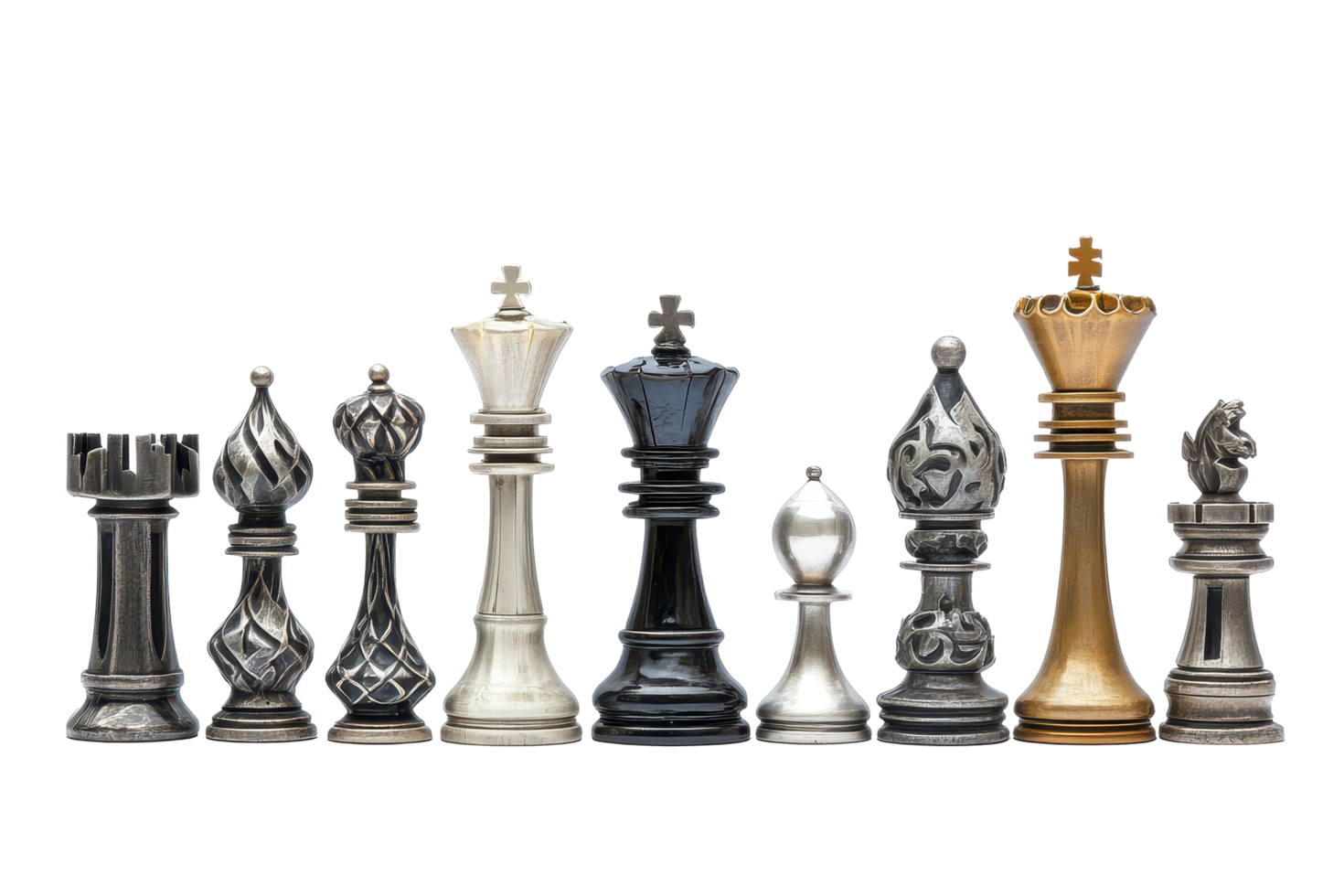 A row of various chess pieces in a range of colors and patterns. png