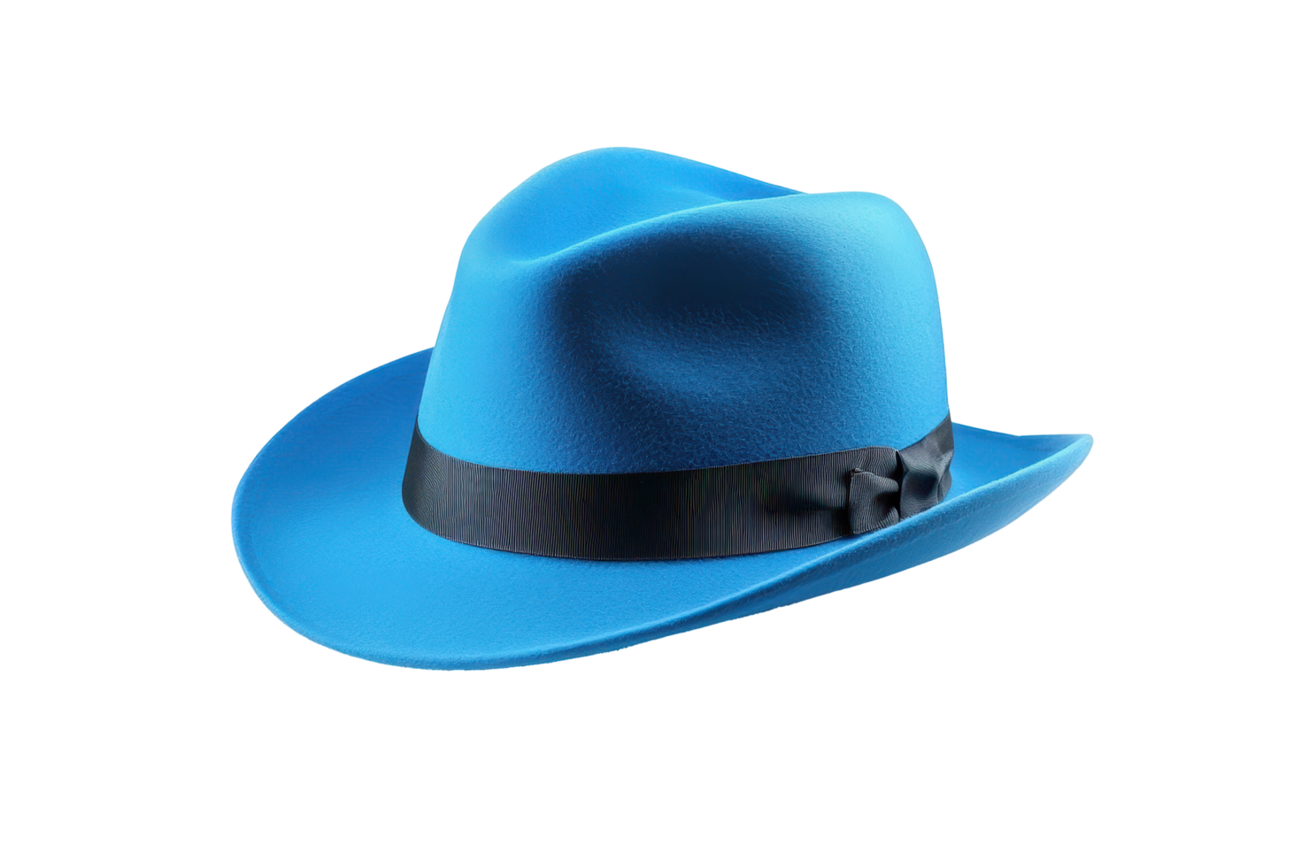 Vibrant blue fedora hat with black trim. png