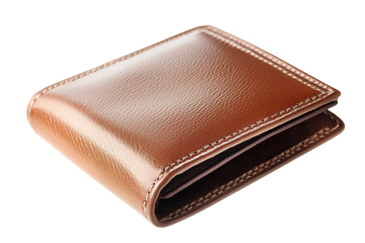 Close-up view of a brown leather billfold wallet. png