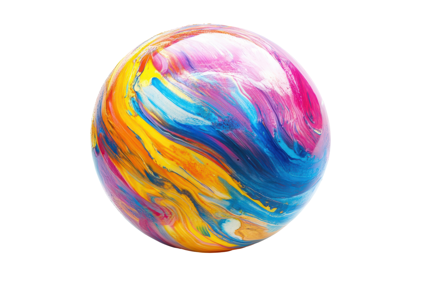 Vibrant colorful sphere with swirling paint patterns. png