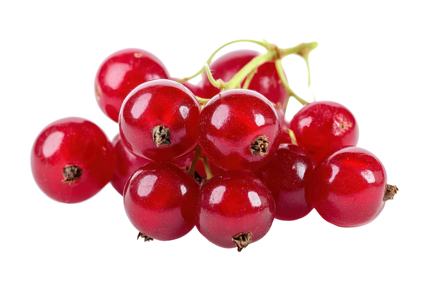 Close-up view of plump red currants clustered together. png