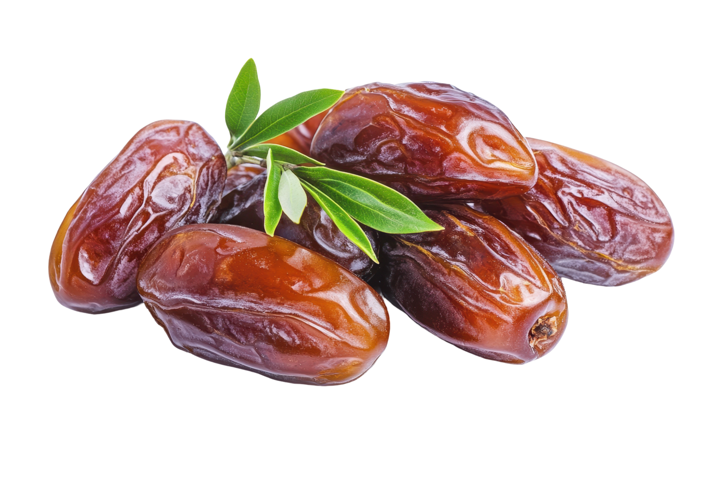 Close-up view of several plump dates with leaves. png