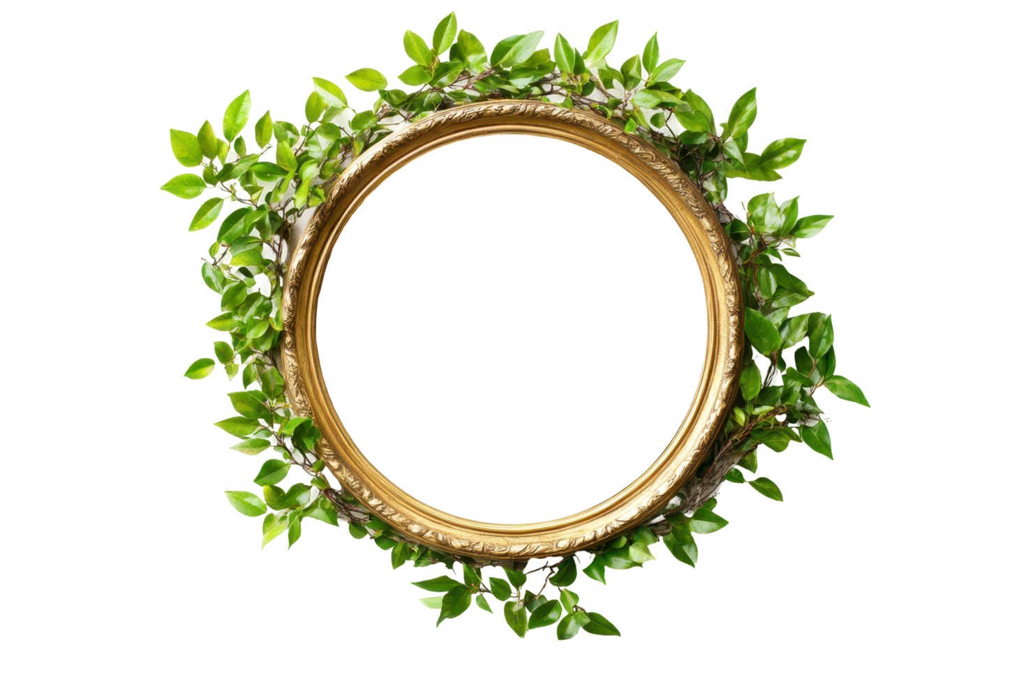 Circular gilded frame adorned with foliage and vibrant color. png