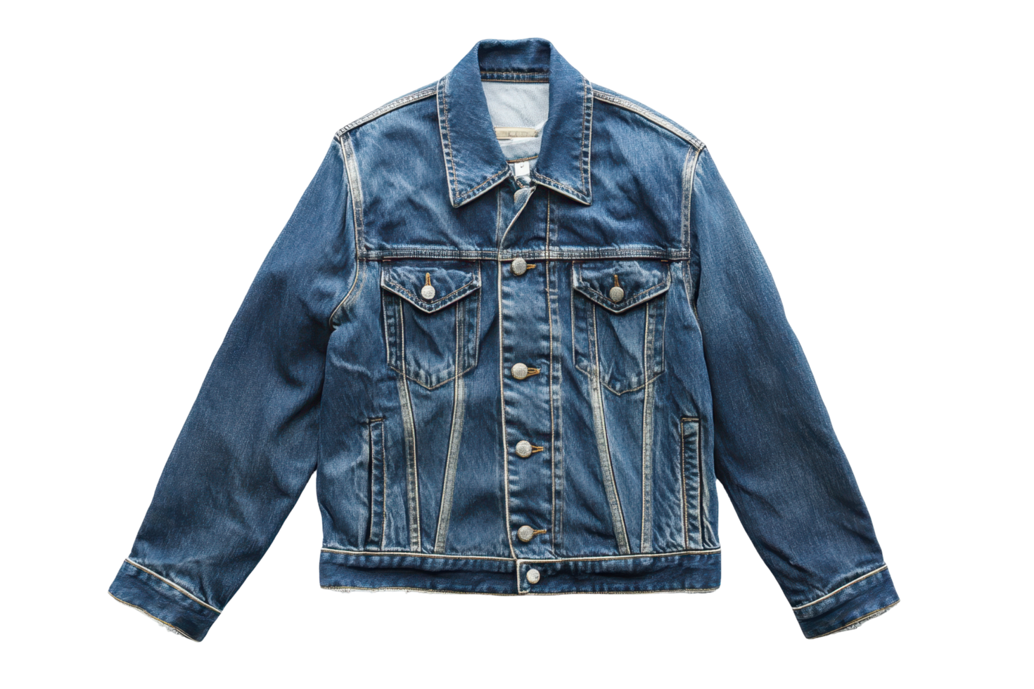 Close-up view of a denim jacket, front perspective. png