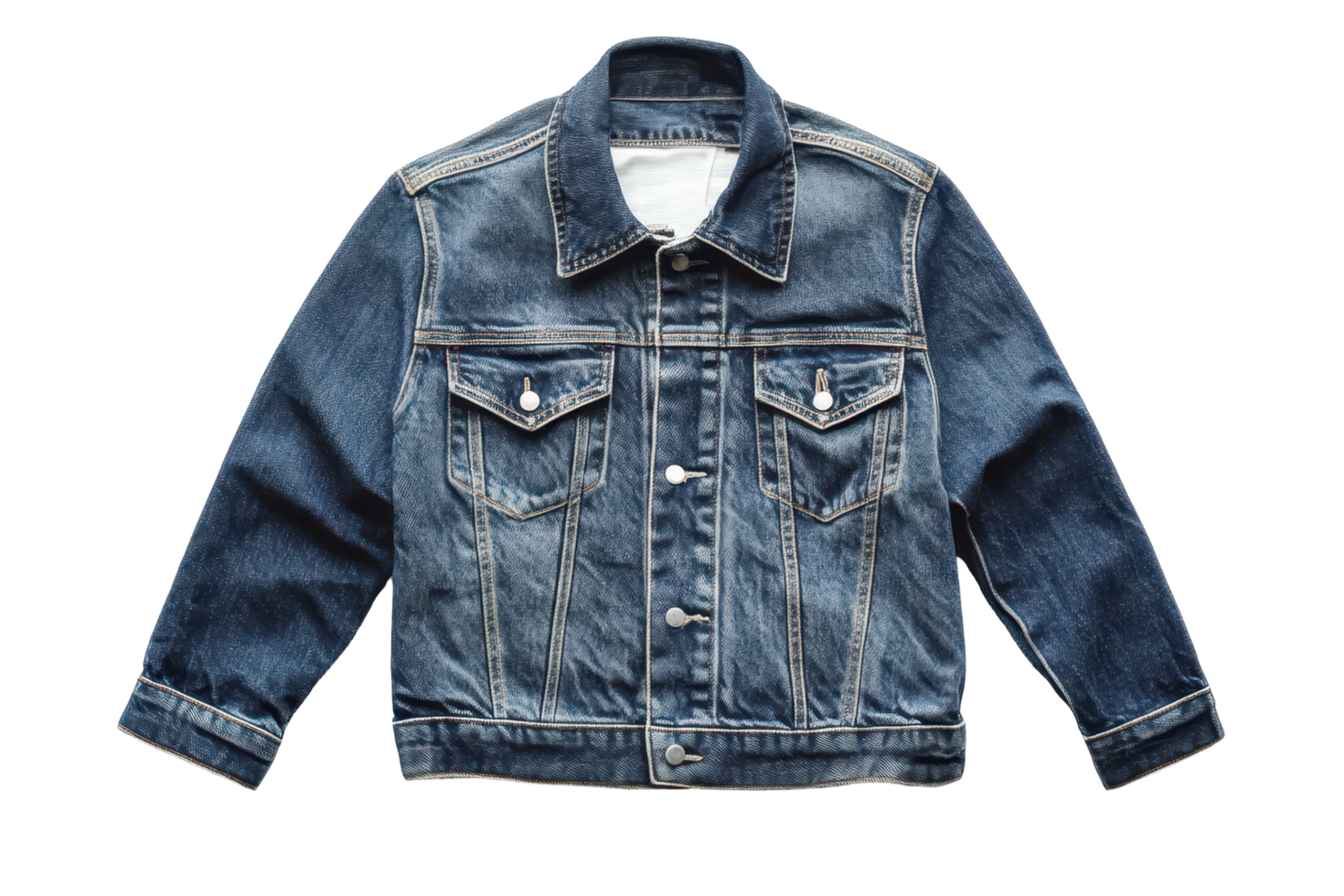 A denim jacket, front view, with button closures. png