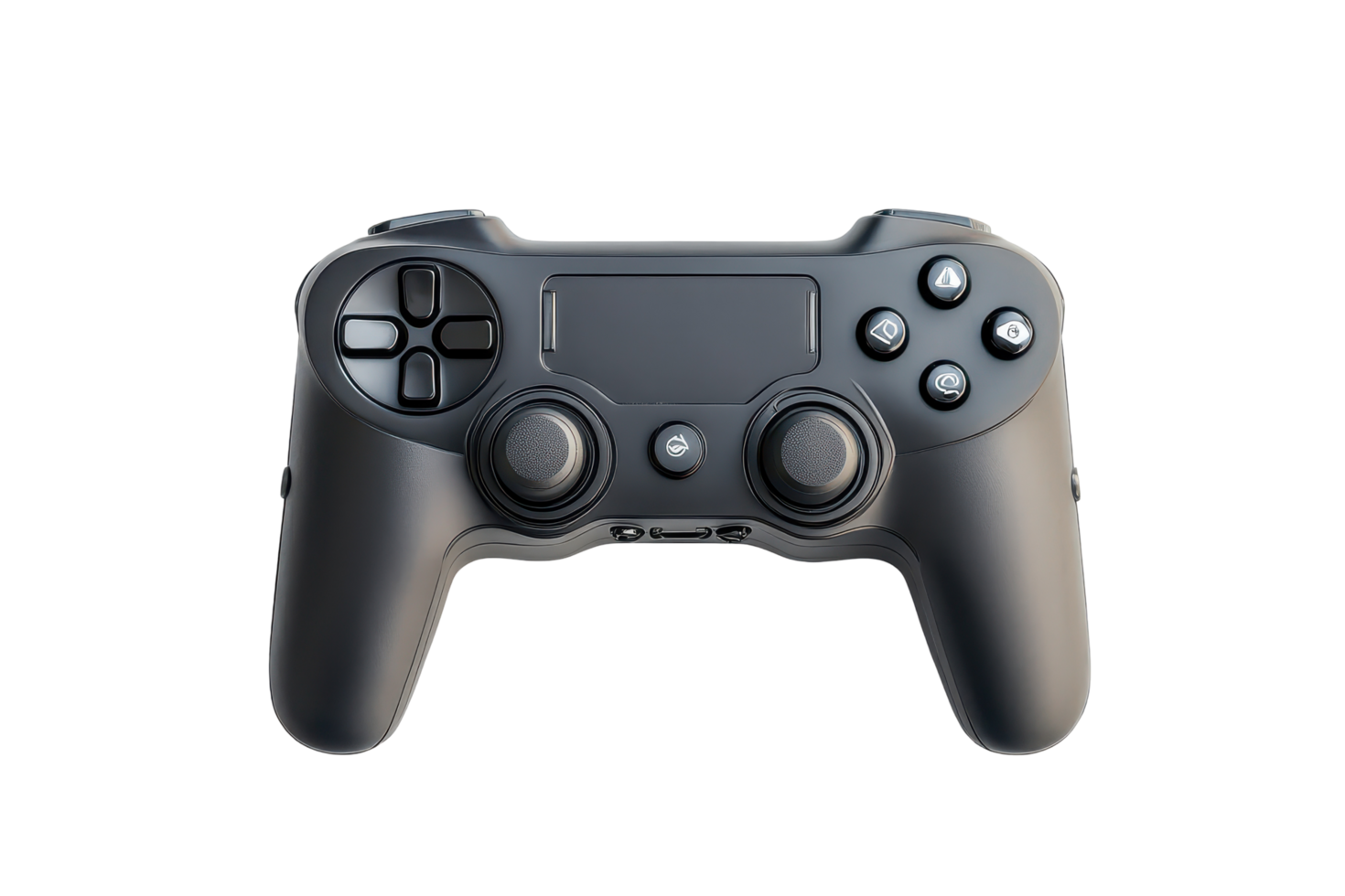 A modern, ergonomic controller design in dark gray. png