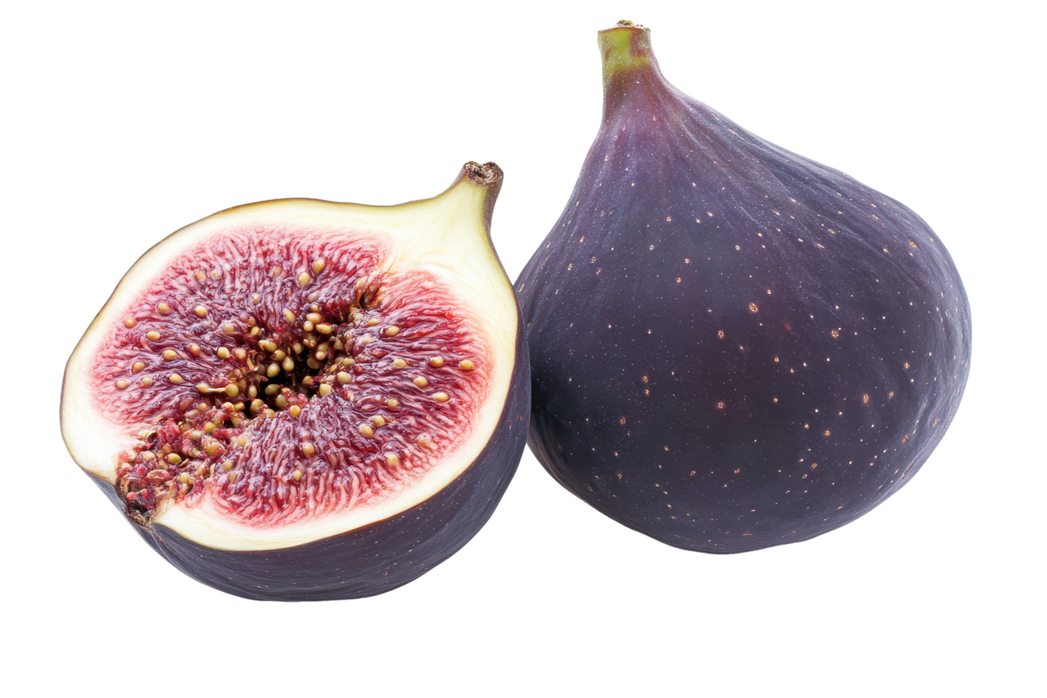 Close-up view of a sliced and whole fig fruit. png