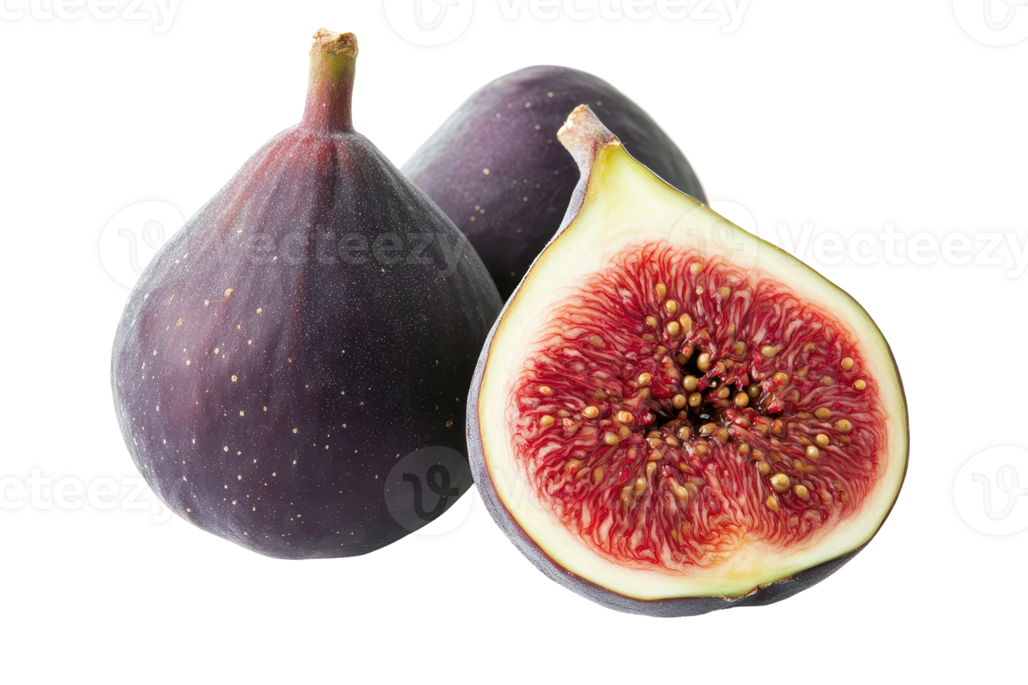 Close up of whole and halved figs, displaying their vibrant colors. png