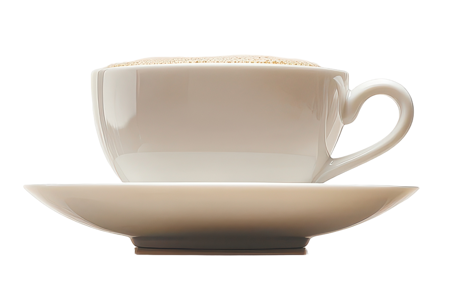 Creamy coffee in a white porcelain cup and saucer. png