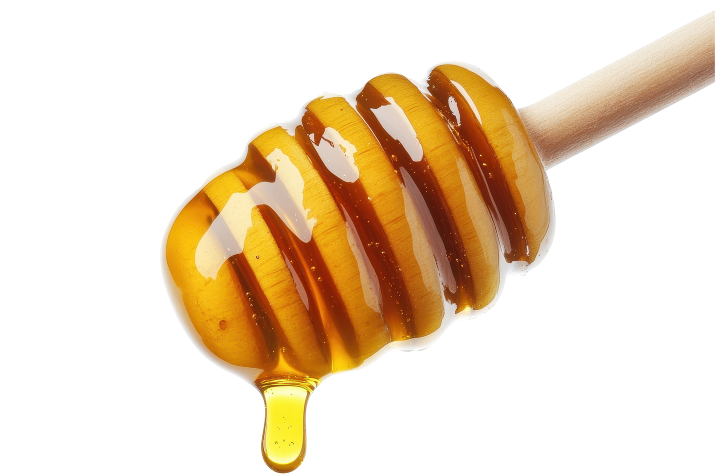 Close-up view of honey dripping from a wooden dipper. png