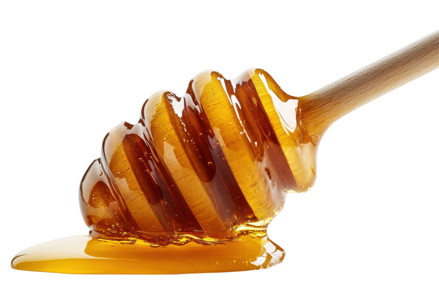 Honey dripping from a wooden dipper, a close-up view. png