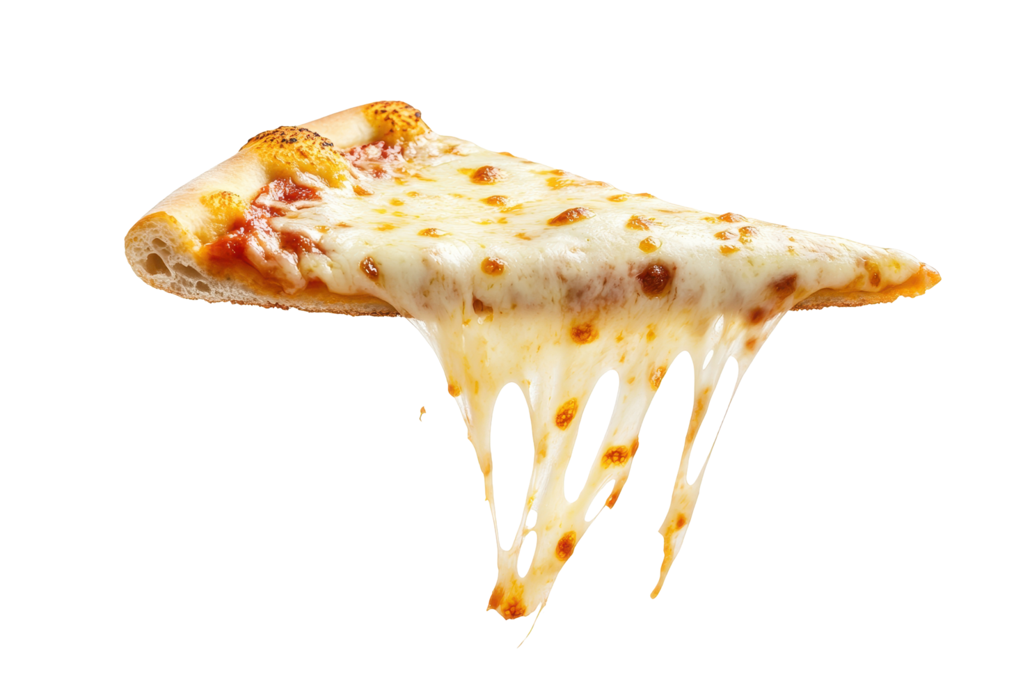 Close-up view of a dripping cheese slice of pizza. png