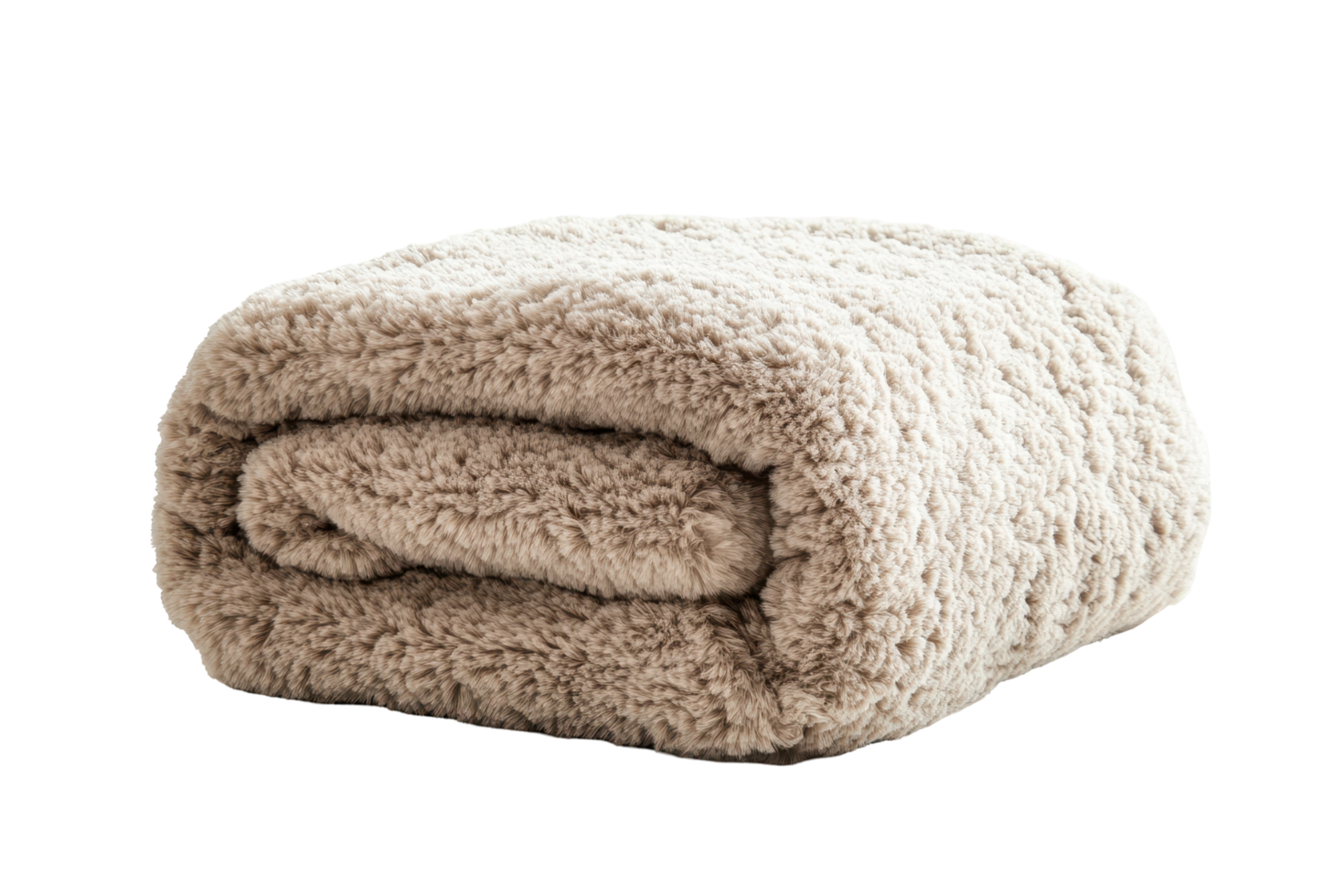 Folded, light beige fleece blanket displayed against black background. png