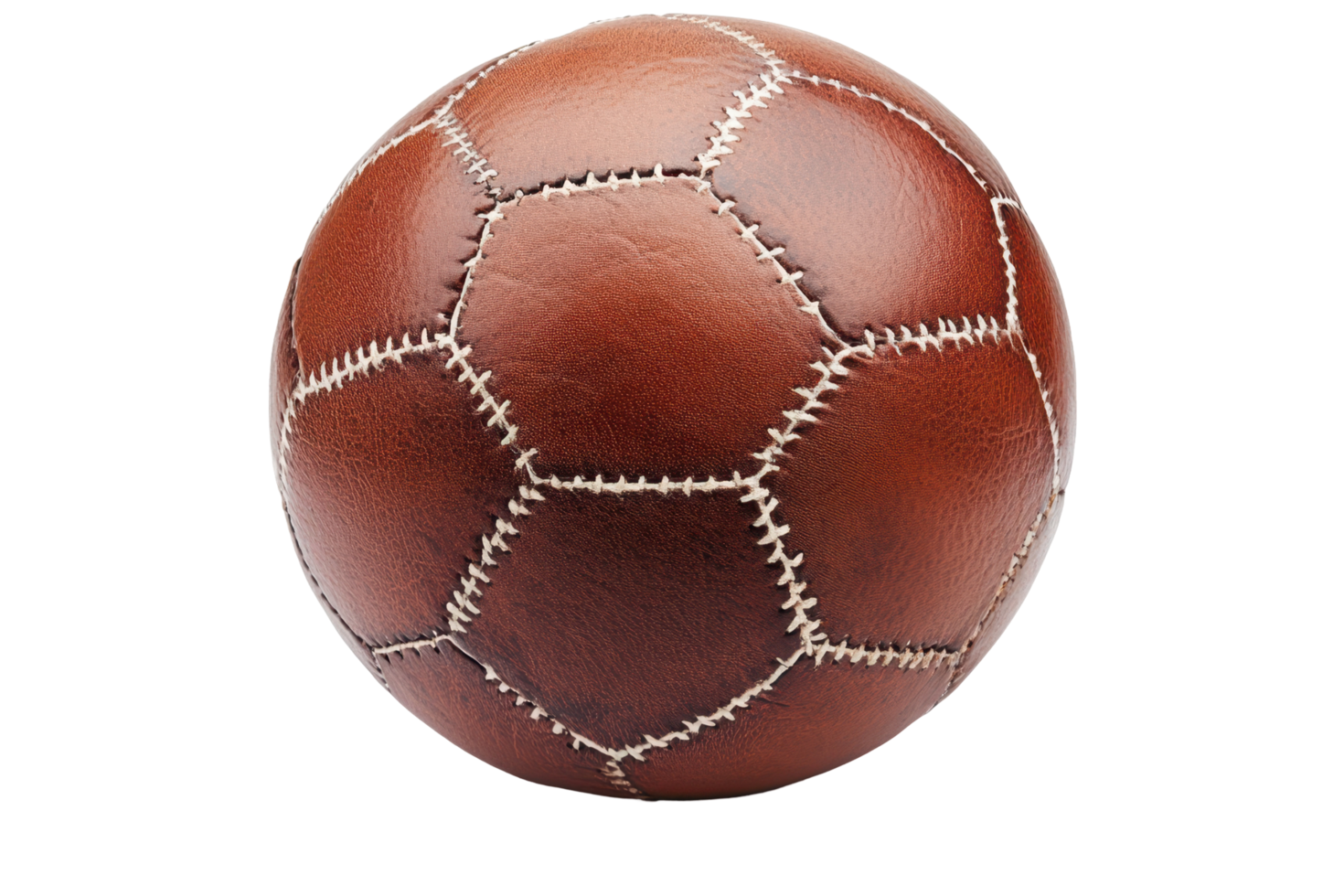 Close-up view of a brown leather soccer ball. png