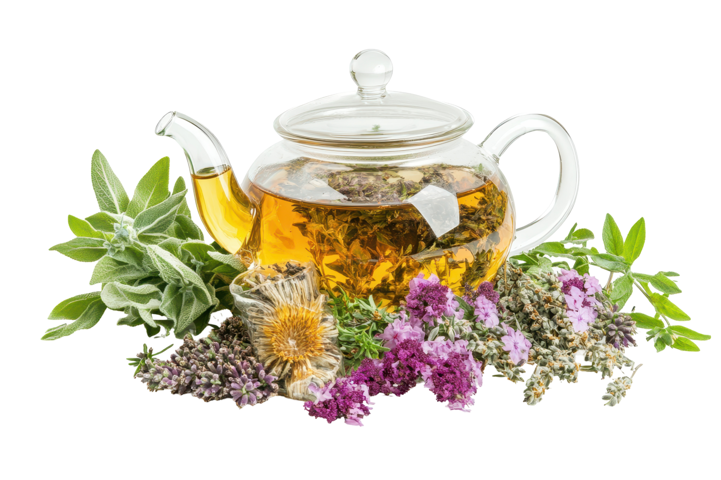 Clear glass teapot filled with herbal tea surrounded by dried flowers and leaves. png
