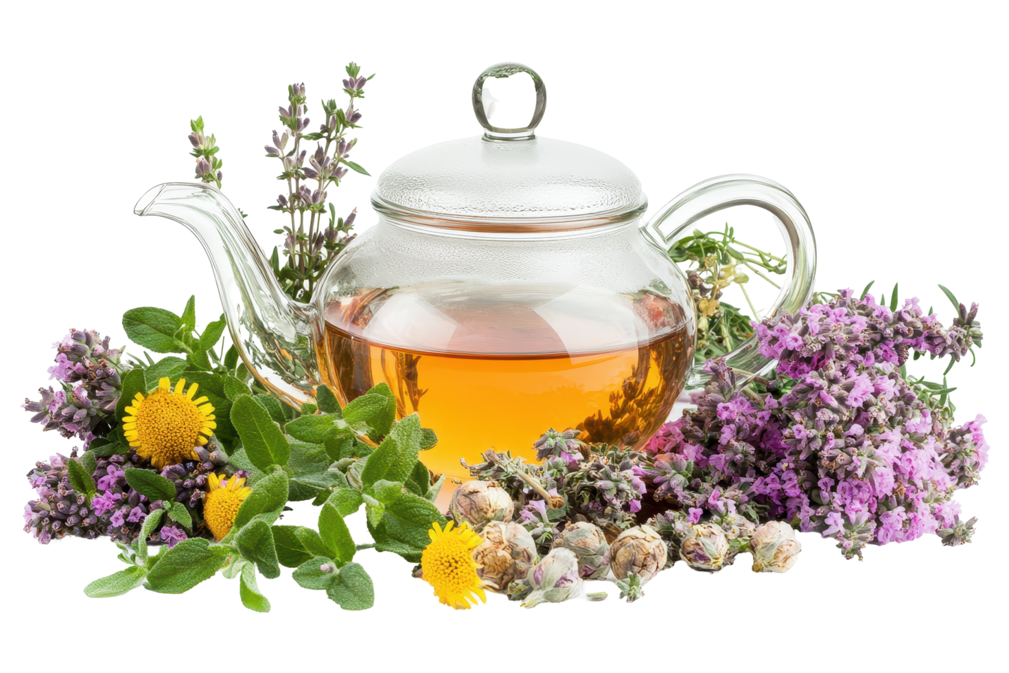 Glass teapot filled with herbal tea surrounded by flowers and leaves. png
