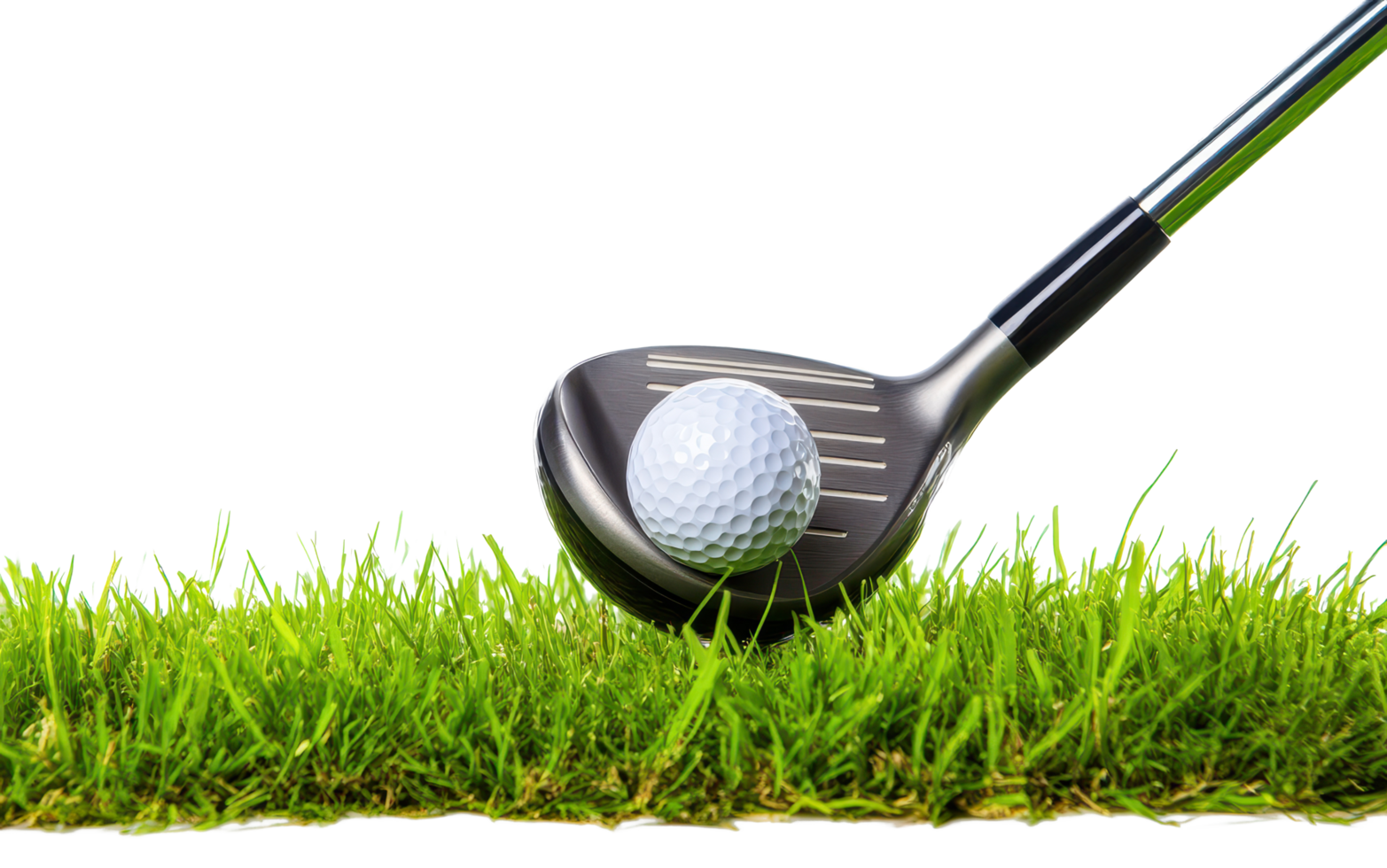 Close-up view of a golf club about to strike a golf ball on a grassy field. png