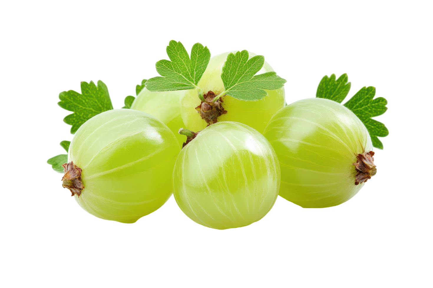 Close up view of bright green gooseberries clustered together. png