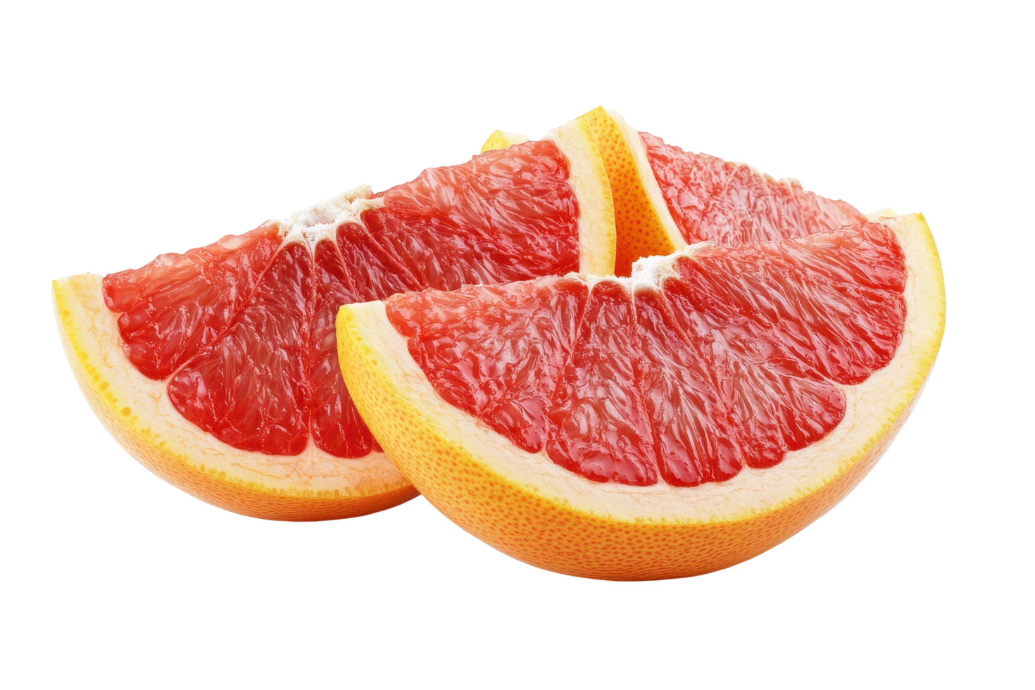 Two grapefruit slices showing vibrant red and yellow flesh. png