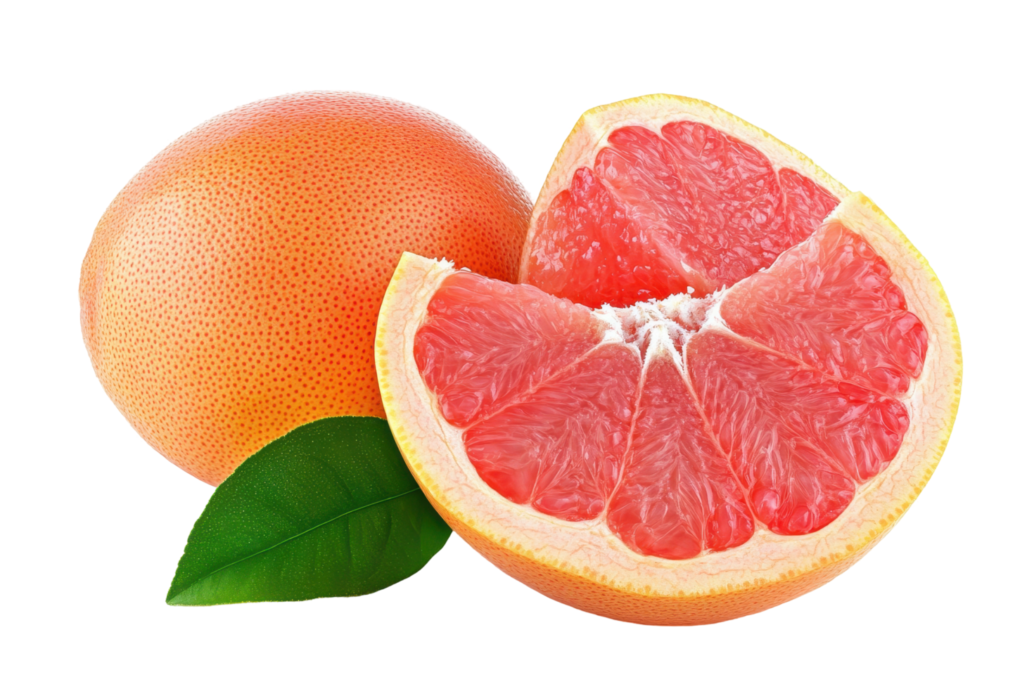 Two fresh grapefruits, whole and sliced, displayed. png
