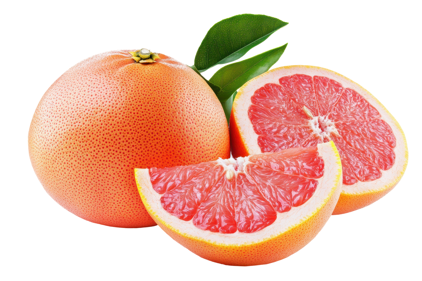 Fresh pink grapefruit segments and whole fruit display. png