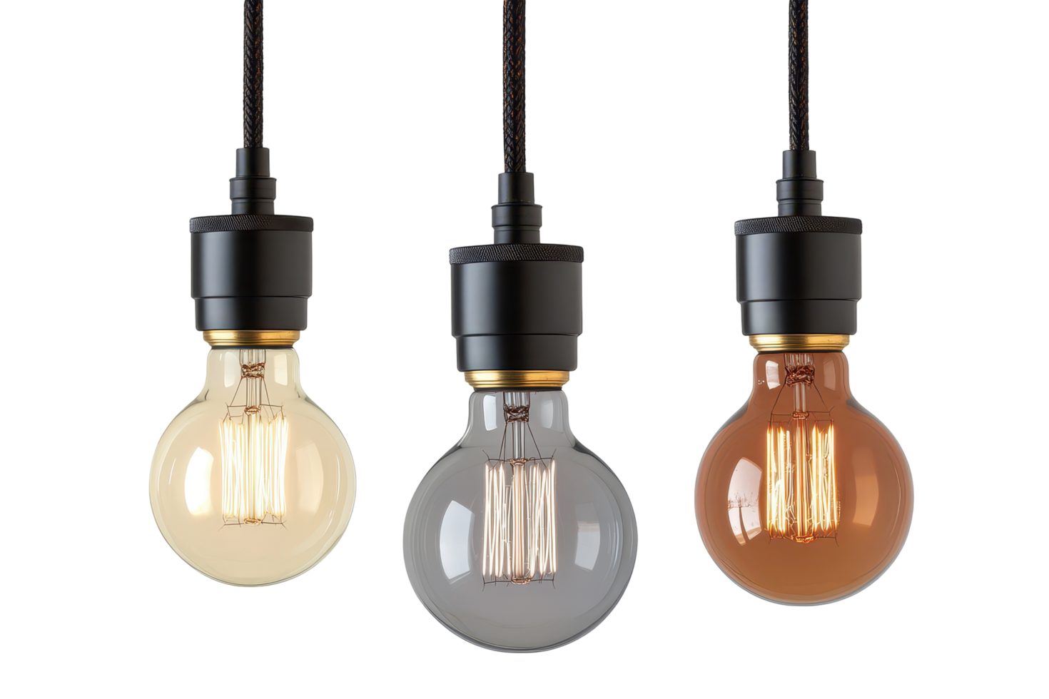 Three vintage-style light bulbs hanging from wires. png