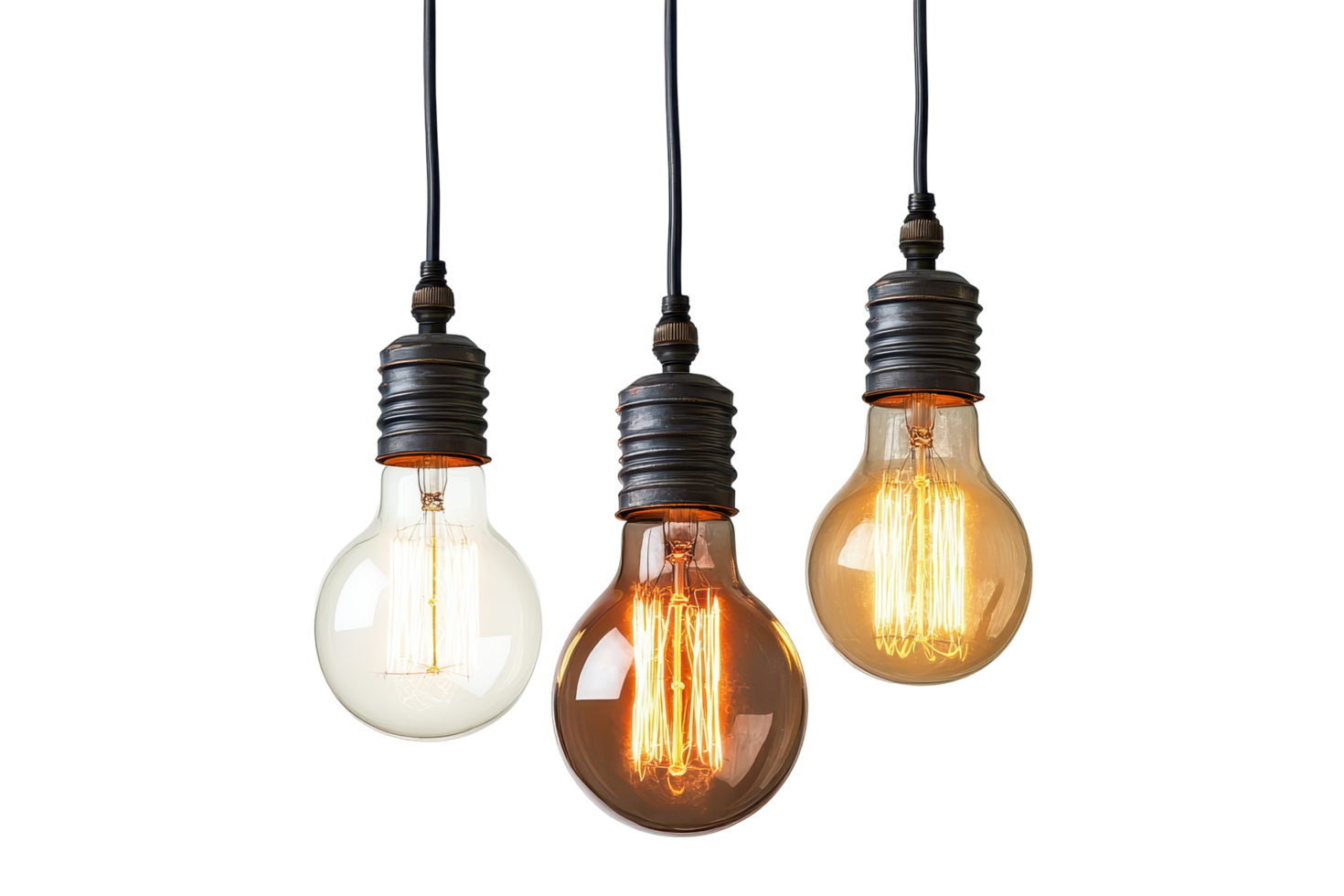 Three vintage style light bulbs hanging from wires. png