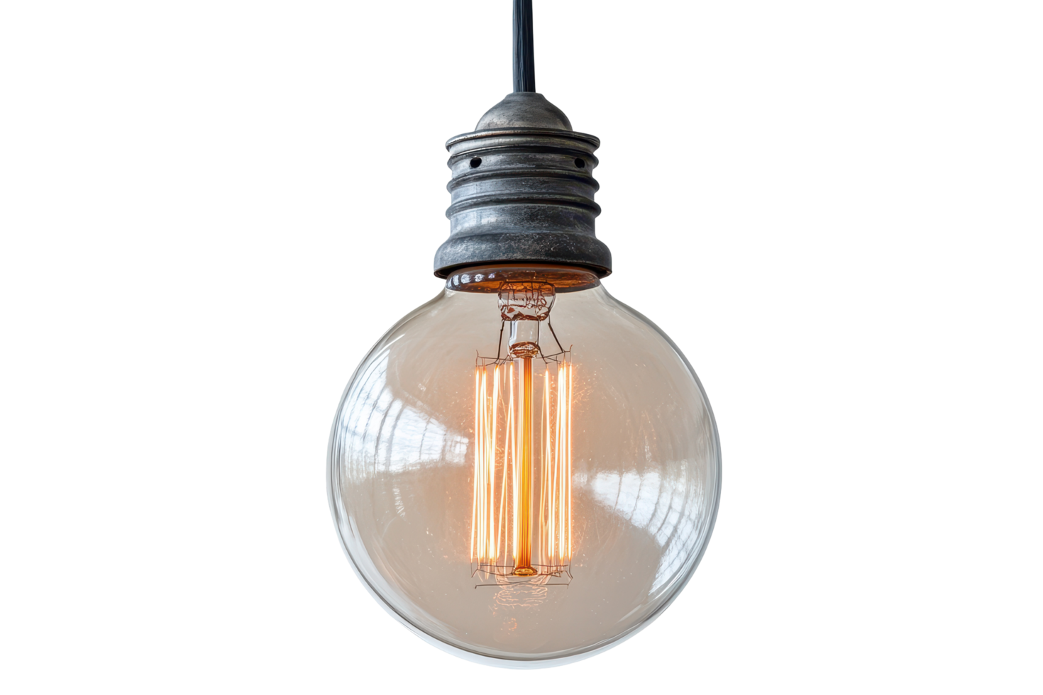 Illuminated globe light bulb hanging from a wire. png