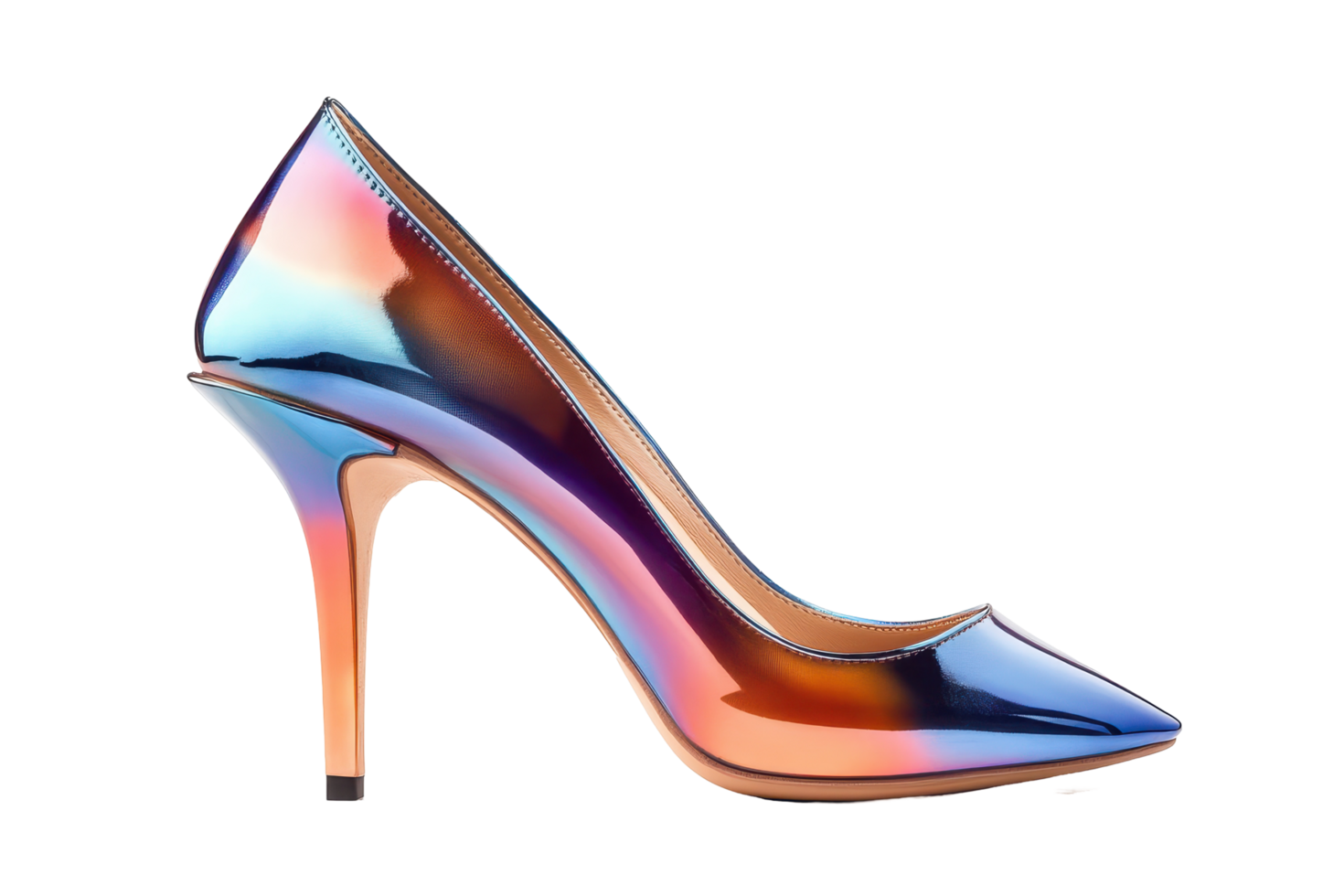 A vibrant, iridescent high-heeled pump in a colorful ombre design. png
