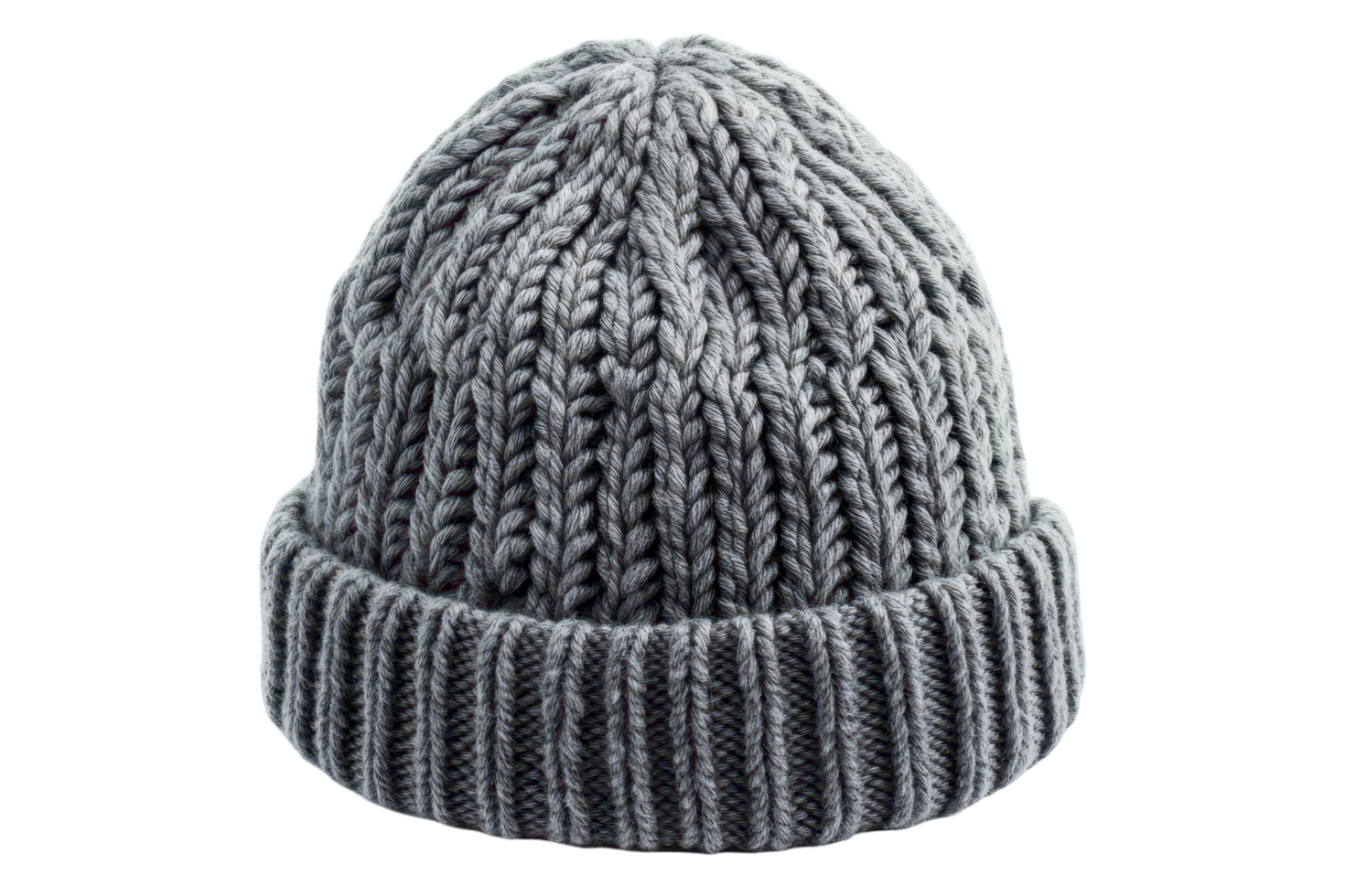 Gray cable-knit beanie, single-toned, winter style. png