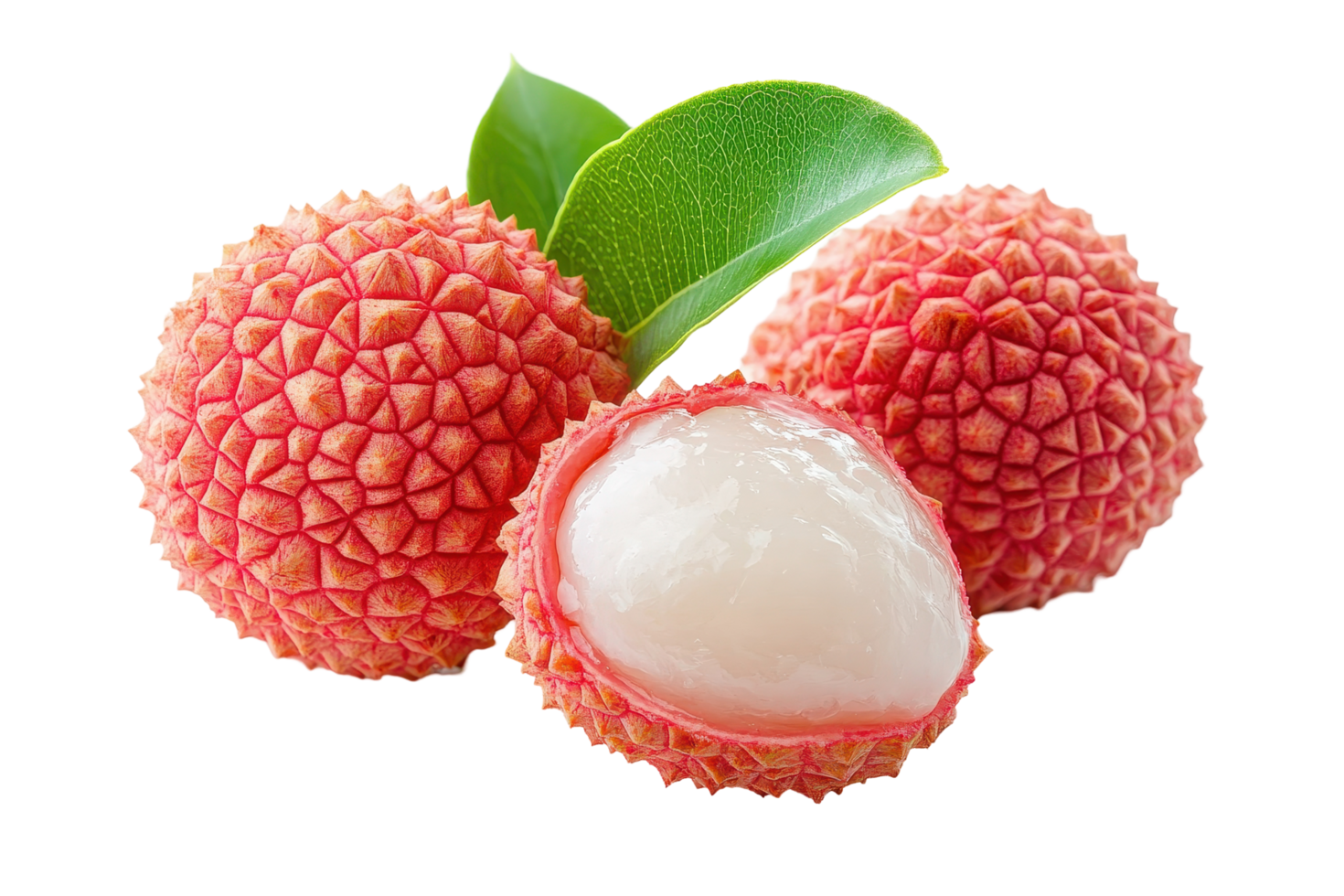 Close-up view of two lychee fruits with one open. png