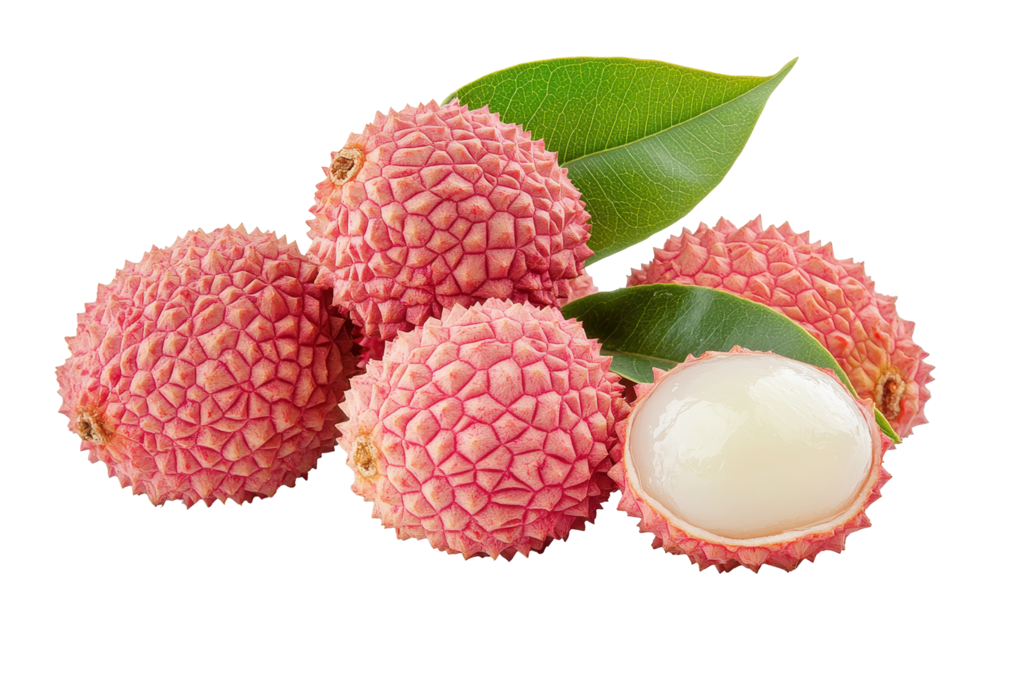 Close-up view of several fresh lychees, displaying vibrant colors and textures. png
