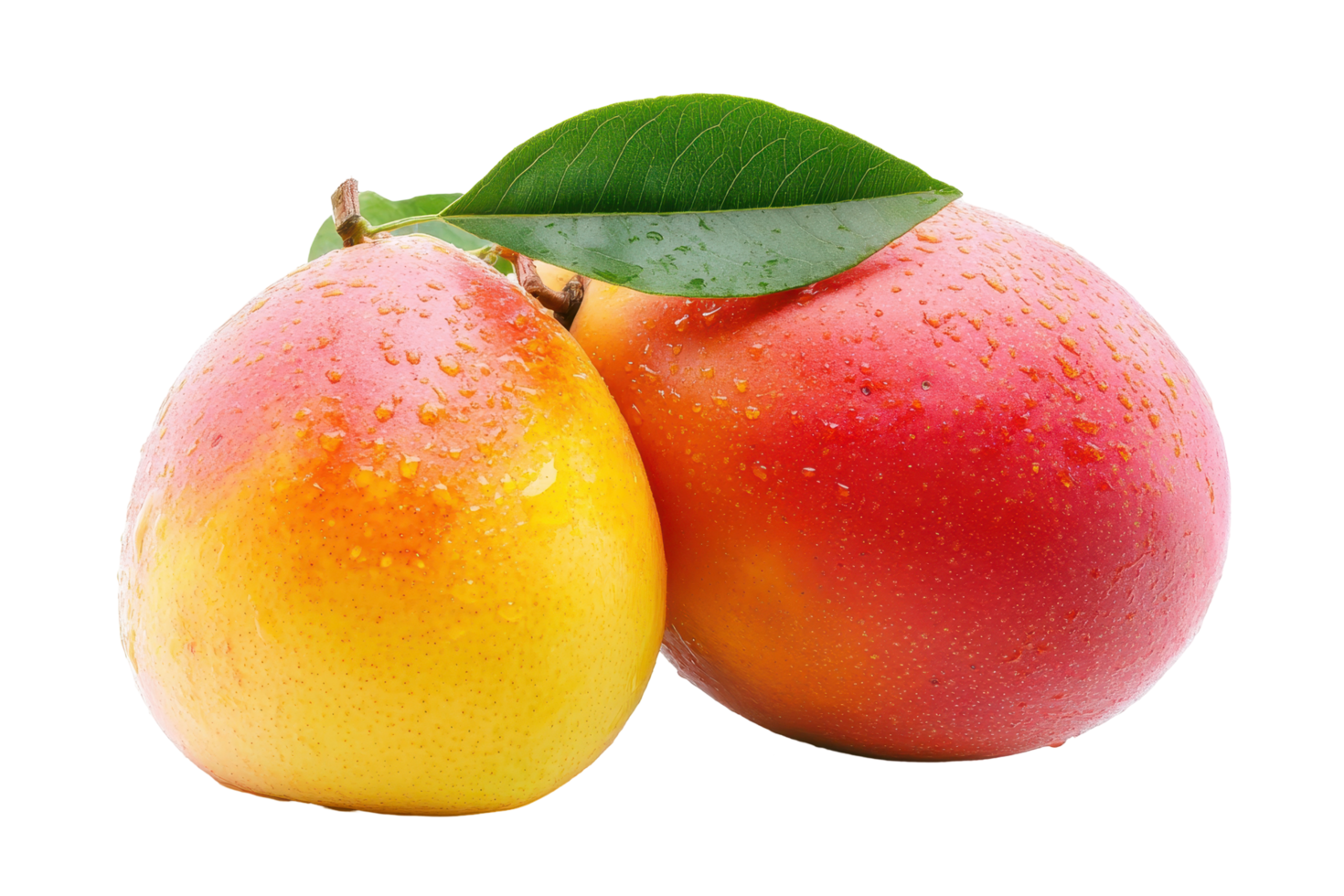 Two vibrant mangoes with dew drops close-up. png