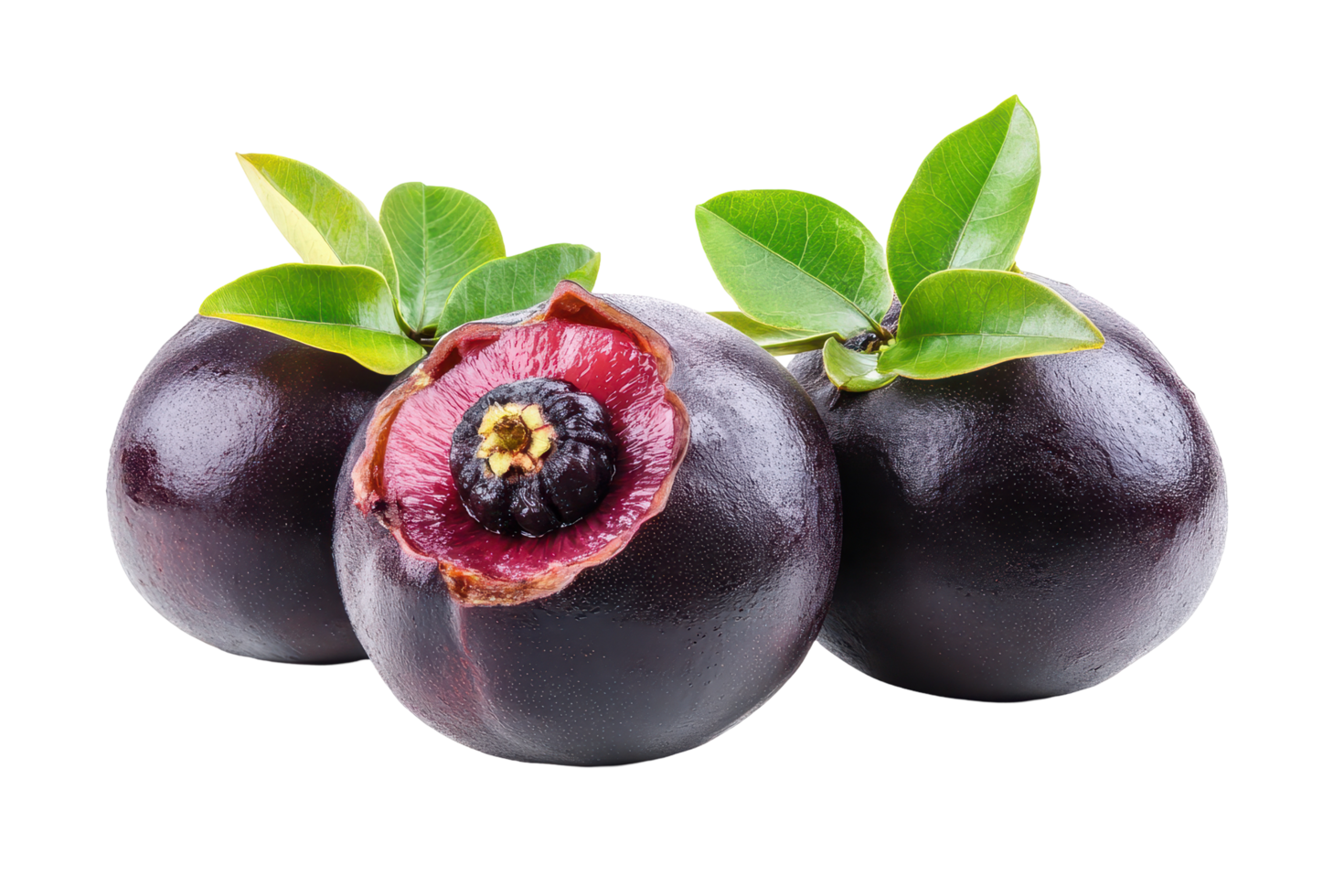 Close-up view of three dark purple fruits with vibrant red centers. png