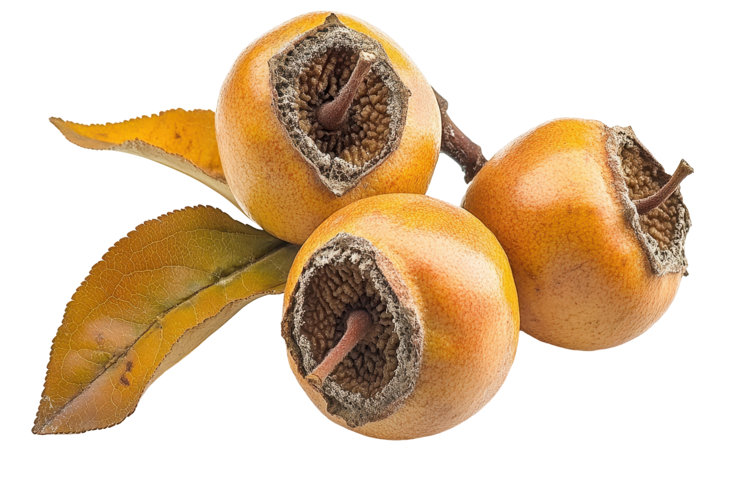 Close-up view of three exotic fruits with leaves. png
