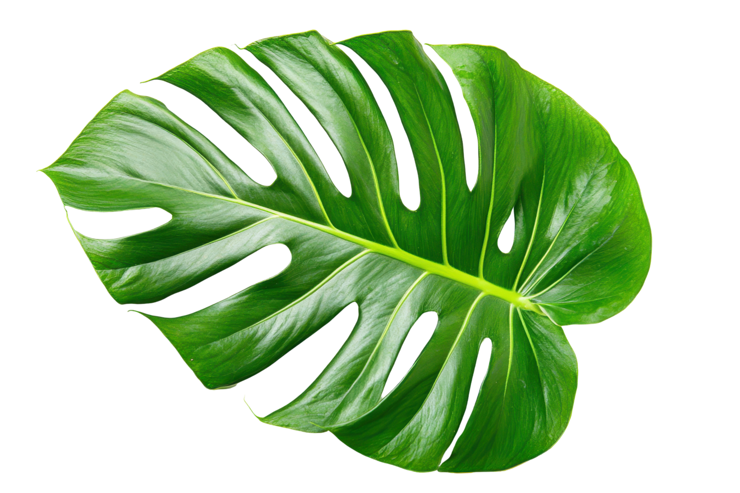 Close-up view of a large, vibrant monstera leaf. png