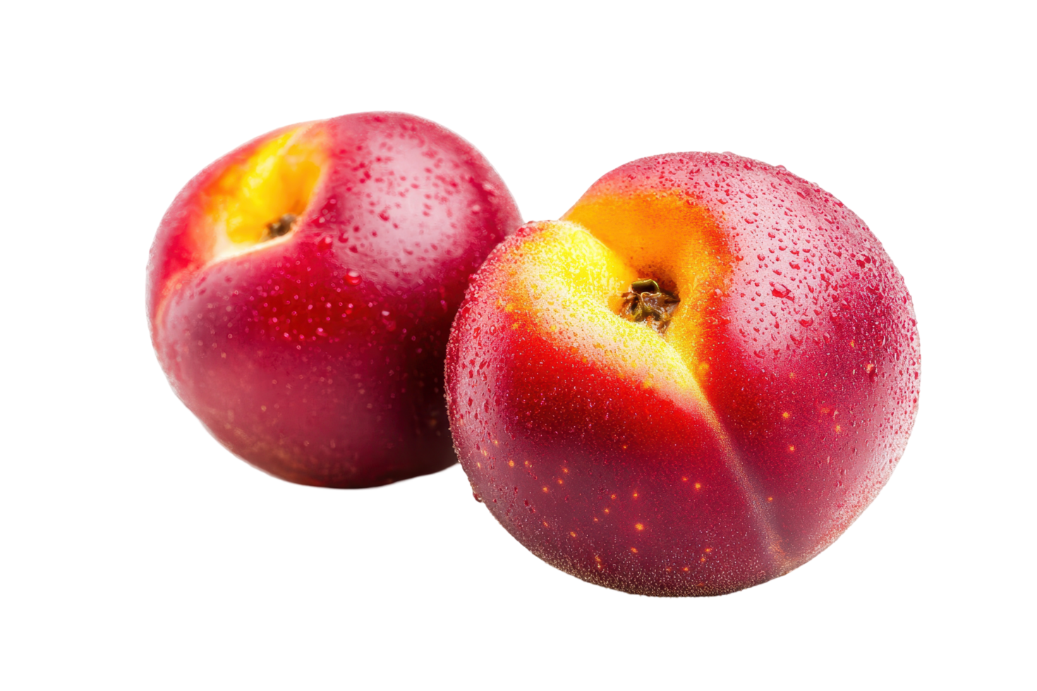 Close up of two ripe nectarines with water droplets. png
