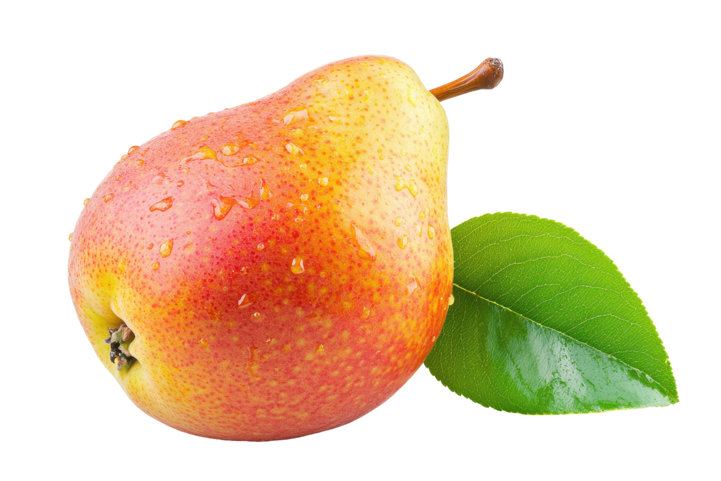Close-up view of a ripe pear with water droplets. png