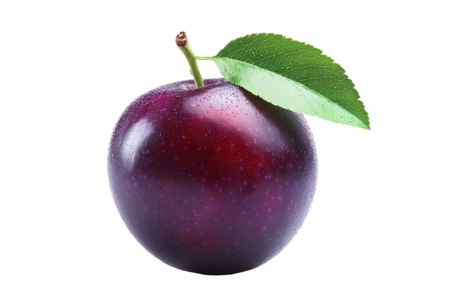 Close-up view of a vibrant purple plum with a leaf. png
