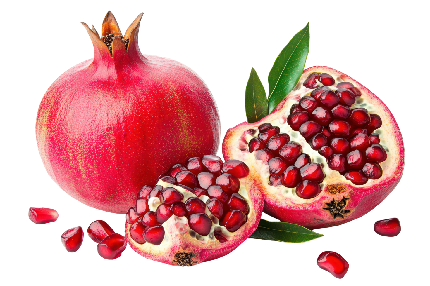 Close-up view of a whole and cut pomegranate with seeds. png